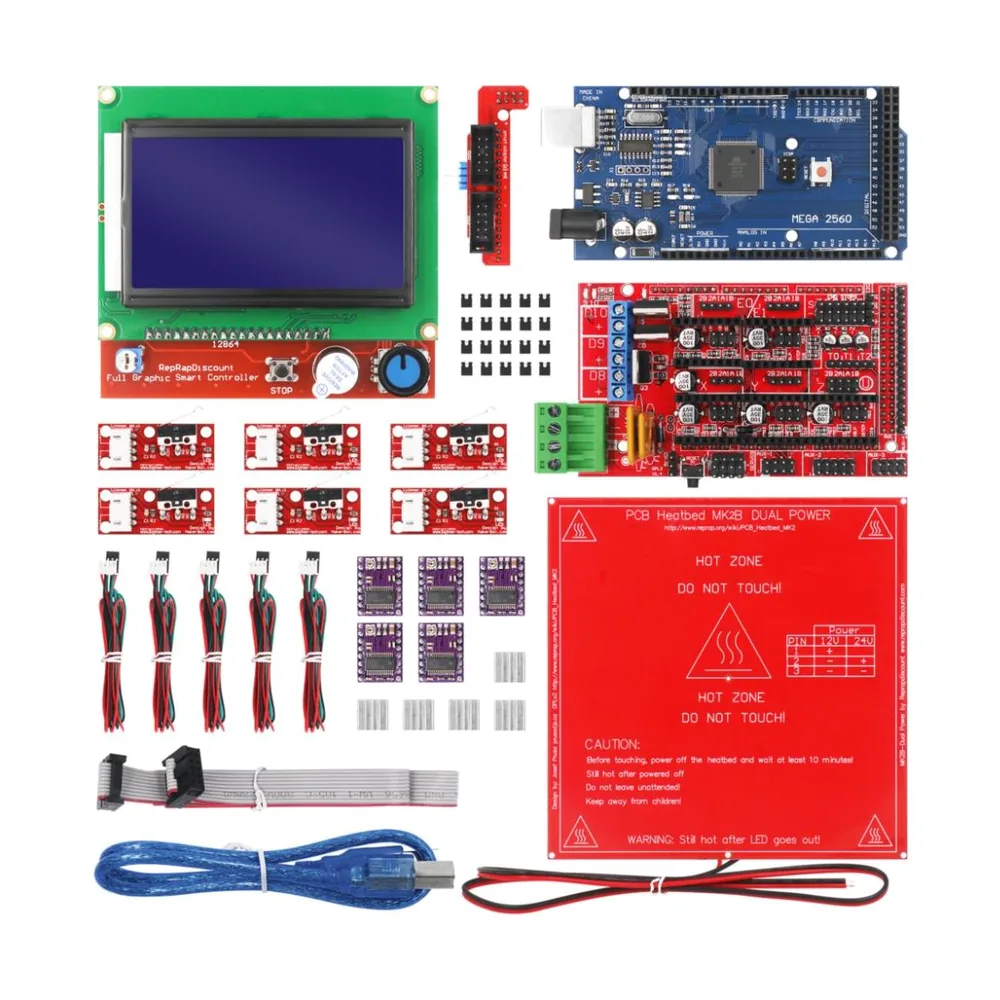 3D Printer Kit (Ramps 1.4 Kit With Mega 2560 r3 + Heatbed mk2b + 12864 LCD Controller + DRV8825 + Mechanical Switch + Cables)