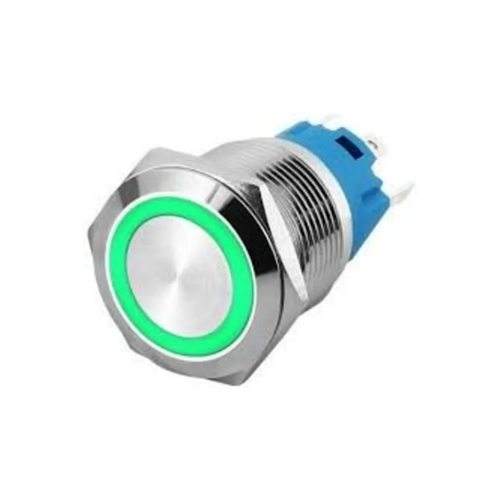 Flat Head Waterproof Metal Push Button Switch with Green Led Light 22mm Self-Locking 220V
