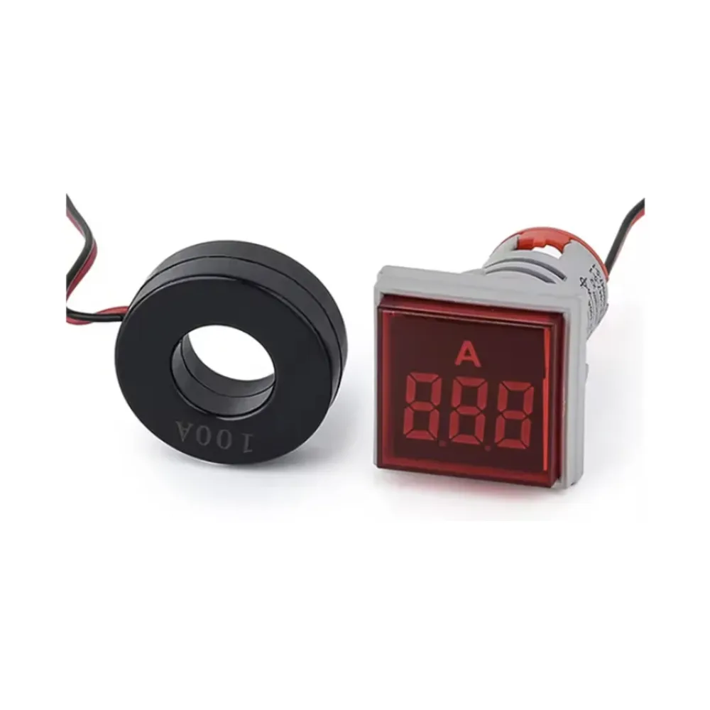 Square Cover LED Ammeter Indicator Light with Transformer Red 0-100A 22mm