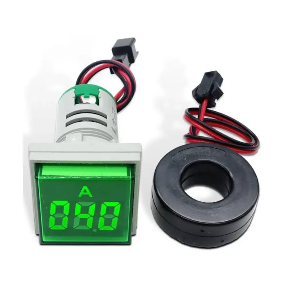 Square Cover LED Ammeter Indicator Light with Transformer Green 0-100A 22mm